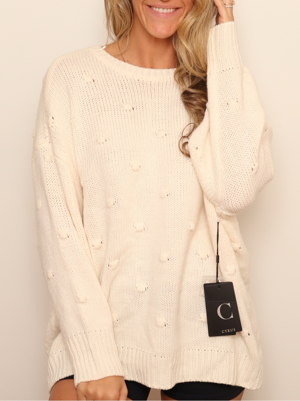 NWT! CYRUS Oversized Cream Pom-Pom Crewneck Sweater